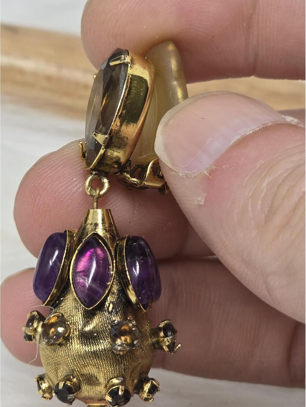 Vintage Amethyst Cabochon Dangle Drop Clip Earrings Estate - Picture 7 of 9